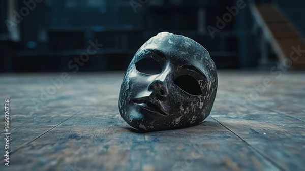 Fototapeta Mask rests on the wooden floor in an empty theater as light casts shadows in the background during evening hours