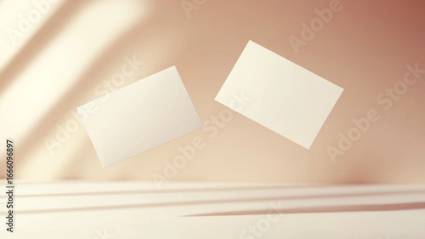 Fototapeta Business cards hovering above neutral surface, casting soft shadows, representing professional branding design concept