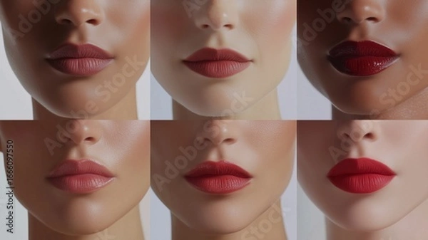 Fototapeta Multiple lip looks showcasing various shades and finishes on mannequin representations in a beauty display