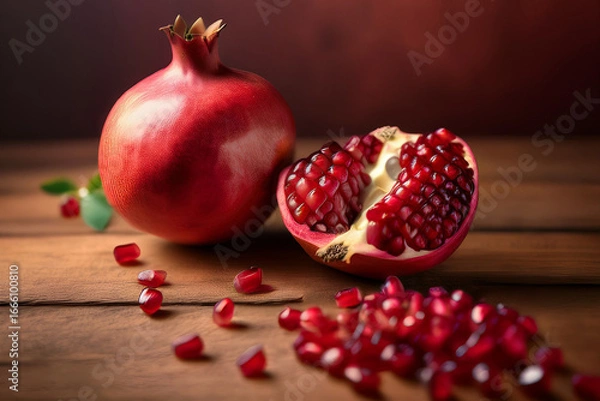 Fototapeta Whole Pomegranate With Seeds Spilled on Rustic Table