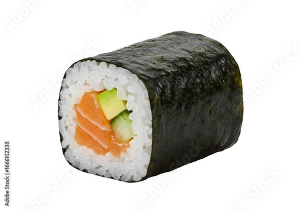Fototapeta Freshly made sushi roll featuring salmon, avocado, and cucumber; perfect for Japanese cuisine concepts, food blogs, and restaurant menus.