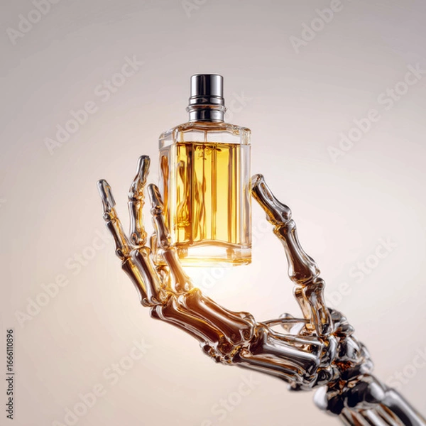 Fototapeta  Fragrance bottle presented on a metallic skeletal hand against a neutral backdrop