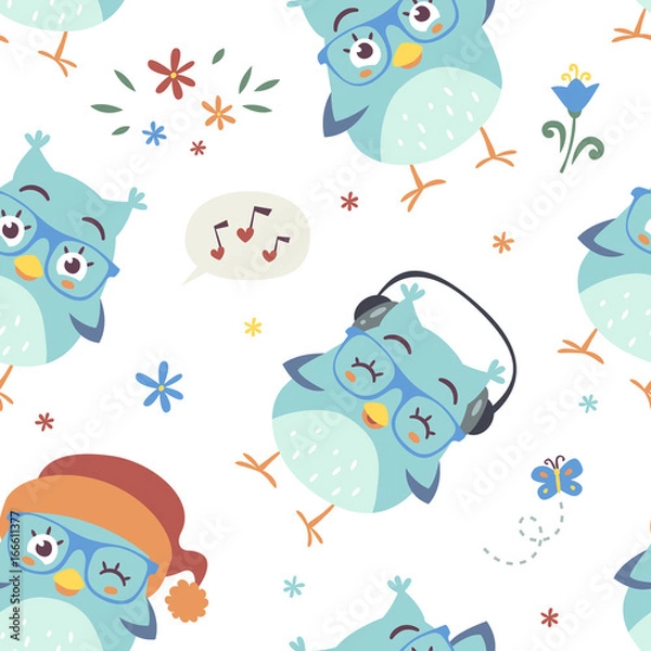 Obraz vector cartoon style blue owl seamless pattern