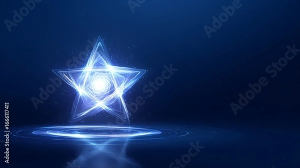 Fototapeta Star with glowing light effect on a blue background, vector presentation design template banner for product showcase and promotion. Hologram of high-tech, futuristic technology.