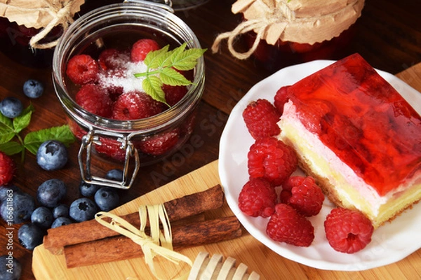 Obraz Tasty sweet cake with raspberries and jelly