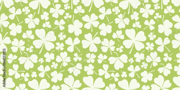 Fototapeta Shamrock or clover leaf horizontal green seamless pattern falling leaves on white background vector illustration. Irish holiday celtic St Patrick day motif seamless pattern with shamrock clover leaf.