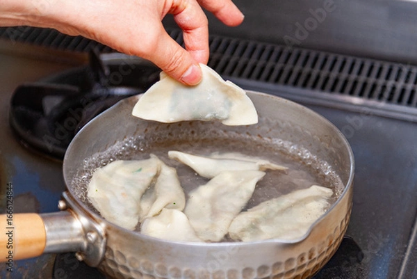 Obraz 手作り水餃子を鍋で作る