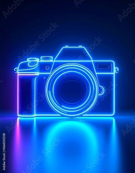 Obraz Neon camera silhouette on dark background