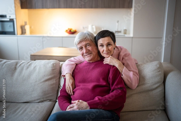 Fototapeta Smiling senior married couple hugging on sofa at home looking at camera. Happy family love and care, trust bonding in relationship, loving happy old husband and wife embracing behind in apartment
