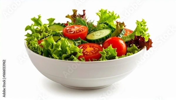 Fototapeta Fresh salad sits in white bowl on clean white surface, showcasing vibrant colors and healthy ingredients for a wholesome and appetizing meal.