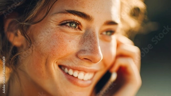 Fototapeta A woman with a warm smile and freckles enjoys a sunny phone call.