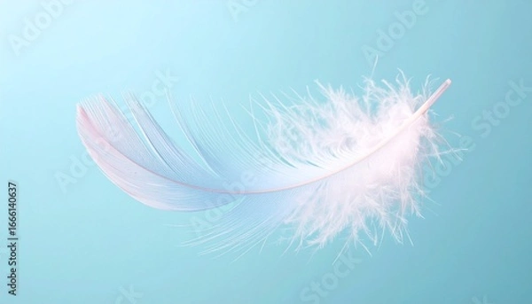 Fototapeta A single feather floats against a pale blue background, its gradient shifting from soft pink to icy blue—evoking fragility, serenity, and suspended transformation in an atmosphere of quiet grace.