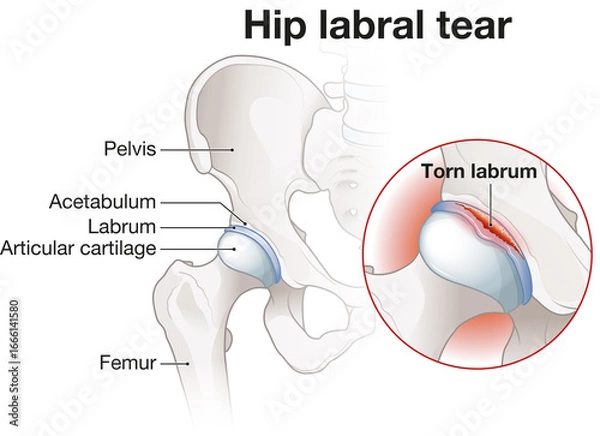 Fototapeta Hip labral tear. An injury to the cartilage (labrum) surrounding the hip socket. Labeled illustration
