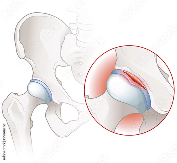 Fototapeta Hip labral tear. An injury to the cartilage (labrum) surrounding the hip socket. Labeled illustration