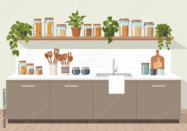 Fototapeta A modern kitchen counter with cabinets, shelves stocked with jars, utensils, and potted plants, featuring a sink and white subway tile backsplash