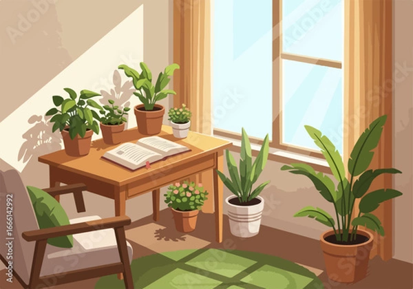 Fototapeta Sunlit Sanctuary A Cozy Corner with Plants and Open Book, Inviting Relaxation and Calmness into Your Home