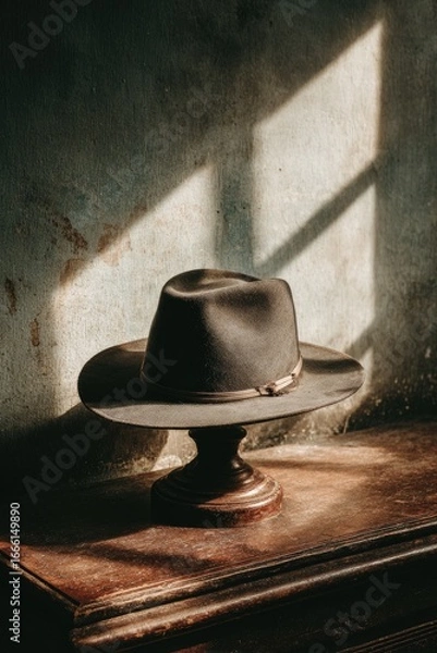 Fototapeta Dark brown felt hat displayed on a wooden stand in sunlit room