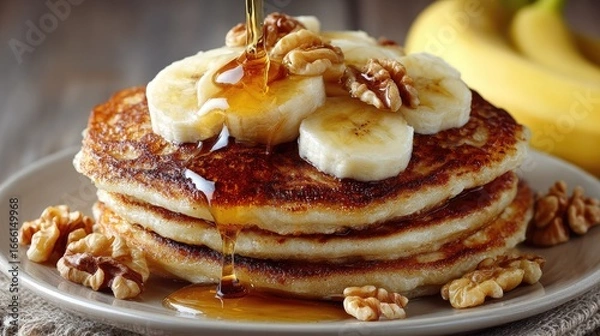 Fototapeta Stack of pancakes topped with banana slices, walnuts, and maple syrup (1)