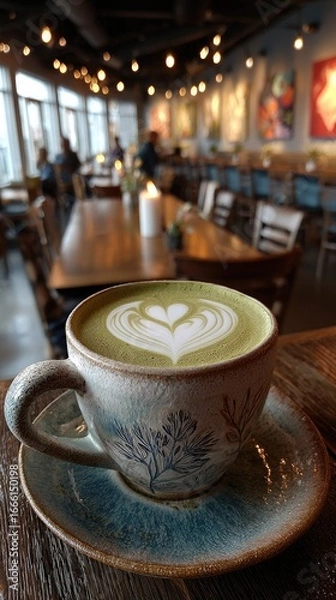 Fototapeta Latte art in a ceramic cup sits on a wooden table in a cafe