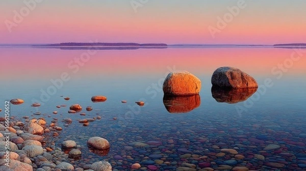 Fototapeta Calm lake at dawn, two large rocks reflecting in clear water, small stones on shore