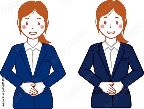 Fototapeta ネイビースーツ、ポニーテールの手を前で重ねる若い女性