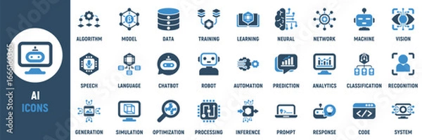 Obraz AI icon set. Containing algorithm, neural, machine, chatbot, robot, data, system, learning, vision, automation and more. Vector icons collection