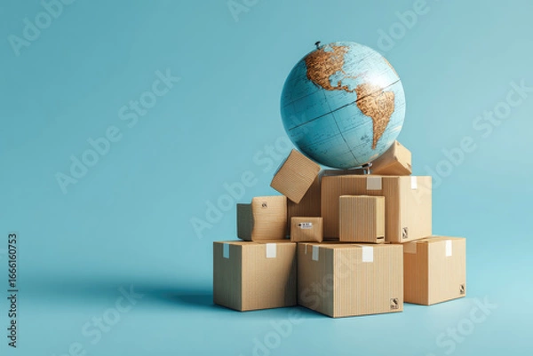 Fototapeta International Delivery icon. International package delivery concept, Global Tariff purchases transportation business, stack of cardboard boxes and Earth globe isolated on blue background