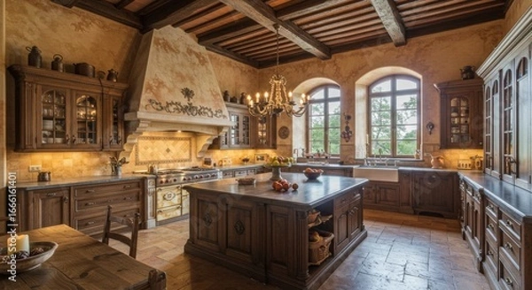Fototapeta Rustic Tuscan Kitchen with Wooden Beams, Ornate Chandelier, and Large Central Island in Warm Earth Tones
