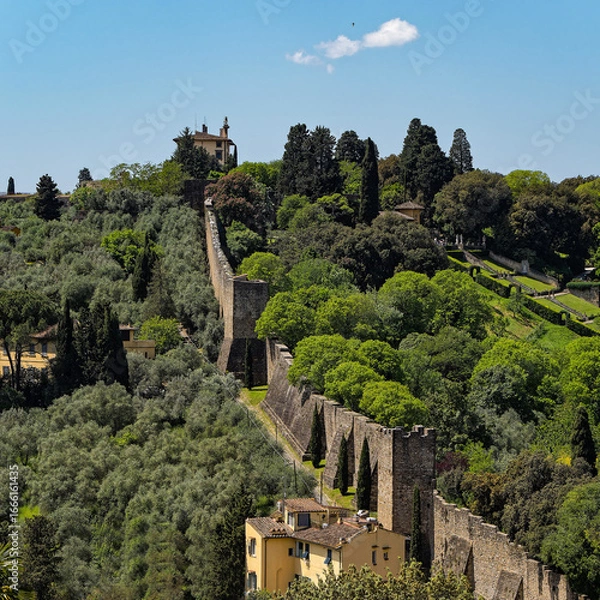 Fototapeta Forte Belvedere and surrounding walls in the Medici district of Florence, Italy. Sitting atop a hill, encircled by green trees, with its walls  down the hillside, blending architecture with landscape.