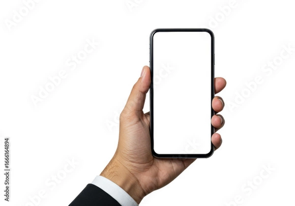 Fototapeta A gender-neutral hand holds a sleek black smartphone with a blank white screen, studio shot with soft high-key lighting on a transparent background. Concept of digital potential