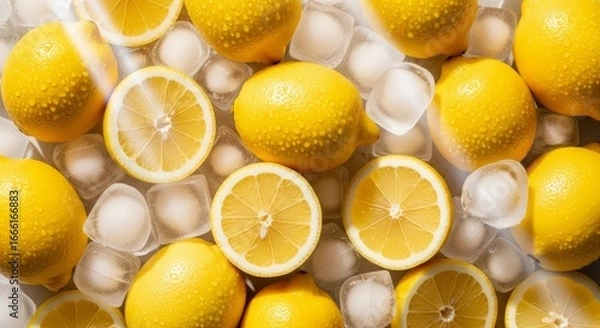 Fototapeta Fresh lemons with ice cubes providing a refreshing summer look