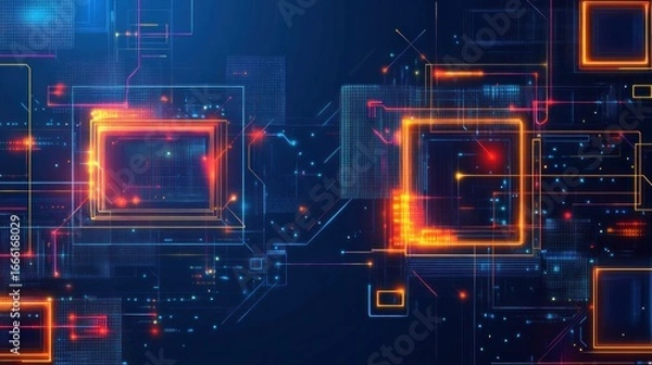 Fototapeta Abstract digital circuit board with glowing nodes and lines.