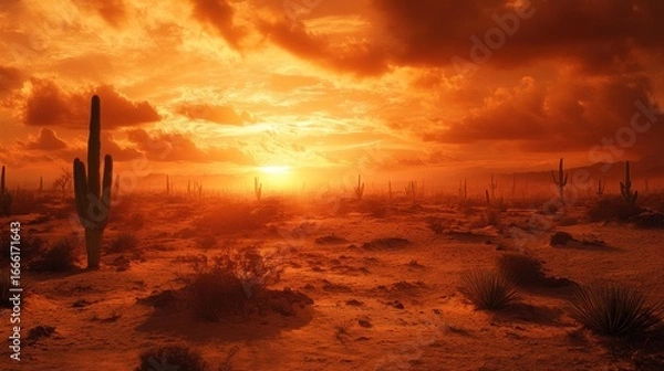 Fototapeta Fiery sunset over a desert landscape with cacti and shrubs.