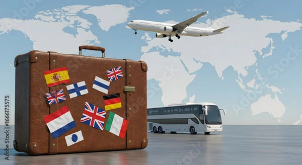 Obraz Travel suitcase with international flags, airplane, and bus, representing tourism and journeys stock image
