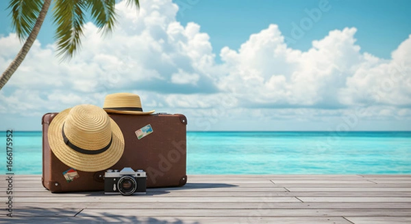 Obraz Travel Essentials Suitcase Hats and Camera on a Beach Dock with Ocean View Stock Image