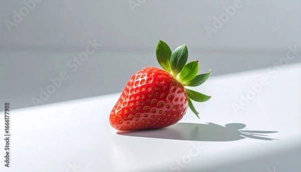 Fototapeta A single ripe strawberry with its leafy top sits beside two green leaves on a smooth, pale surface—highlighting natural simplicity, vibrant color, and the quiet elegance of minimal composition.