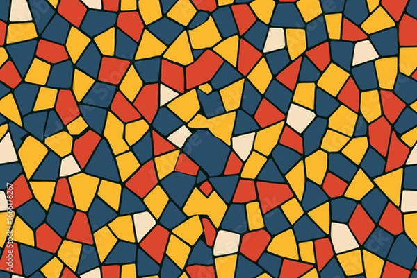 Fototapeta Abstract mosaic, a seamless design. A vector background. Perfect for creating a backdrop. Ceramic tile fragments. Colorful broken tiles, a mosaic of yellow, blue, and red.
