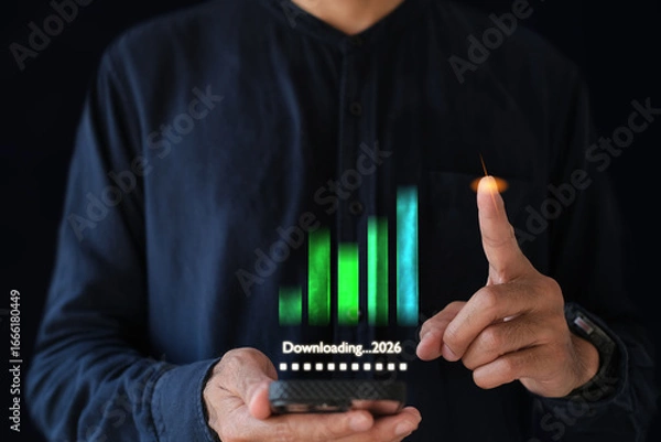 Fototapeta Futuristic downloading concept in 2026 with high-speed internet, cloud computing, secure data transfer, and modern digital technology for global connectivity."