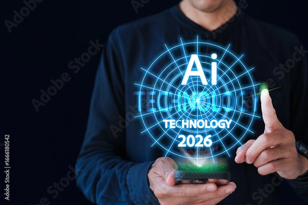 Fototapeta futuristic person interacting with a transparent digital interface, showcasing AI-driven infographics and technology in 2026, symbolizing innovation and intelligent data visualization.