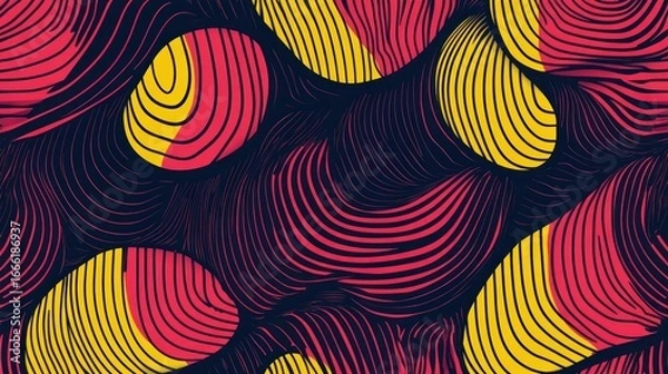 Fototapeta Abstract seamless pattern with red and yellow wavy lines and circles on dark background.