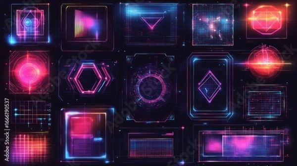 Fototapeta Collection of futuristic neon HUD interface elements.