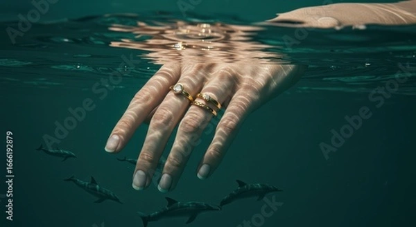 Fototapeta Hand with rings underwater, surrounded by dolphins.
