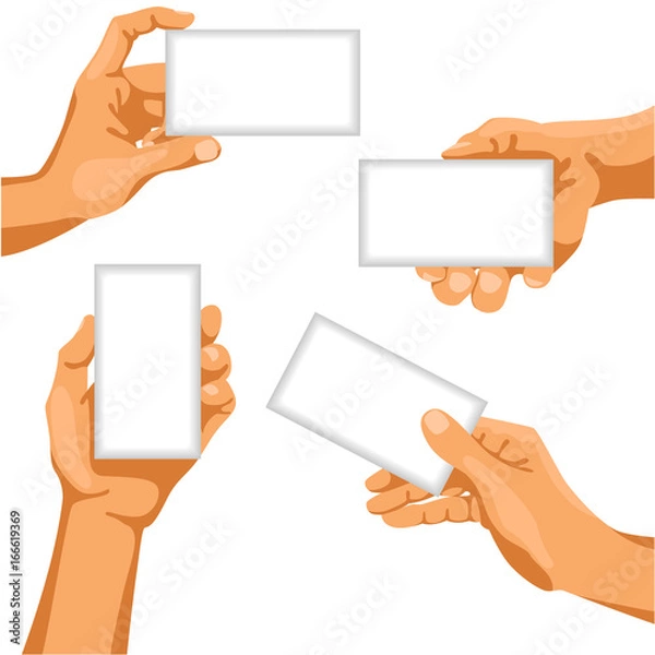 Obraz Human hands with business cards in them / There is illustration of human hands in different positions with business card in them
