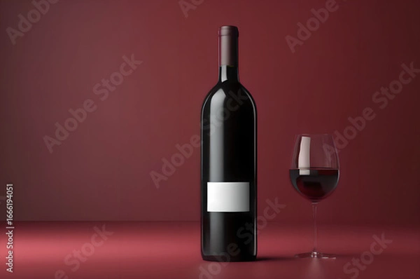 Fototapeta bottle of red wine with glass of wine on red background with blank label mockup template