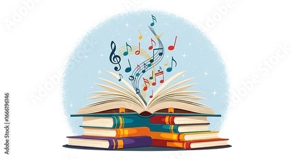 Obraz Colorful Musical Notes Erupting from Open Book Stacked on White Background