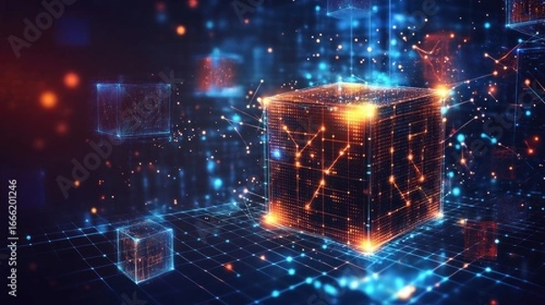 Fototapeta Glowing digital cube with data streams.
