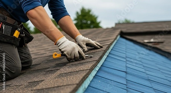 Fototapeta Close-Up of Worker’s Hands Laying Roof Shingles with Gloves and Tools on Blue Underlayment in Outdoor Setting