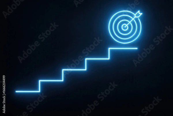 Fototapeta Success business success achievement goal setting leadership motivation personal growth concept with neon stairs and target symbol glowing on dark background