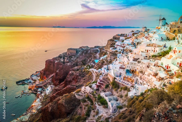 Fototapeta beautiful details of Santorini island, sunset over Oia village, Santorini island, Greece with Aegan sea