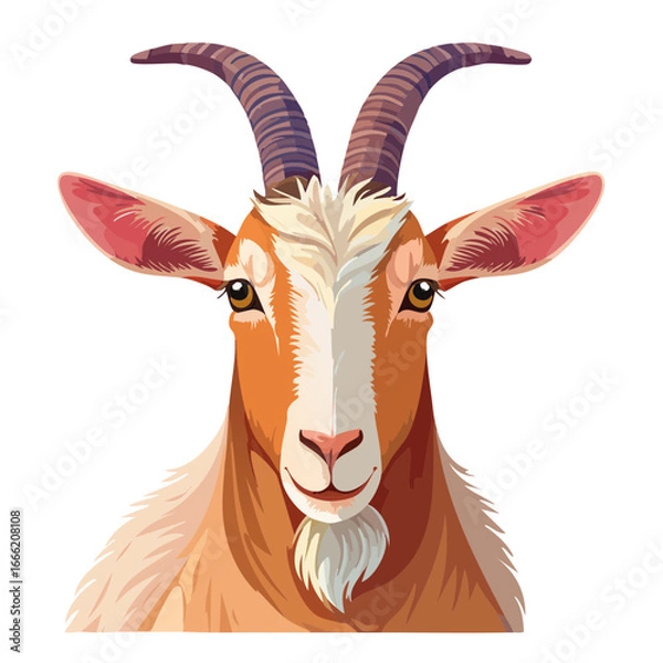 Obraz Cute goat head with horns illustration facing forward featuring its unique orange fur color and white beard on a black background